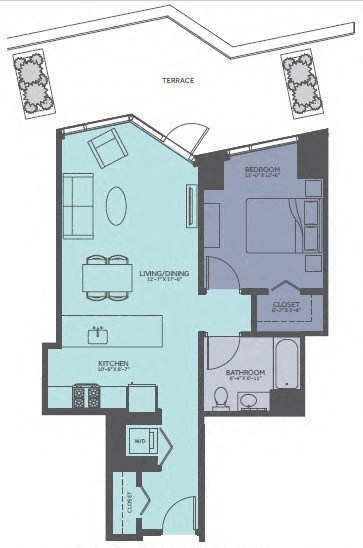 Floor plan for 1 bed, 1 bath, 765 sqft